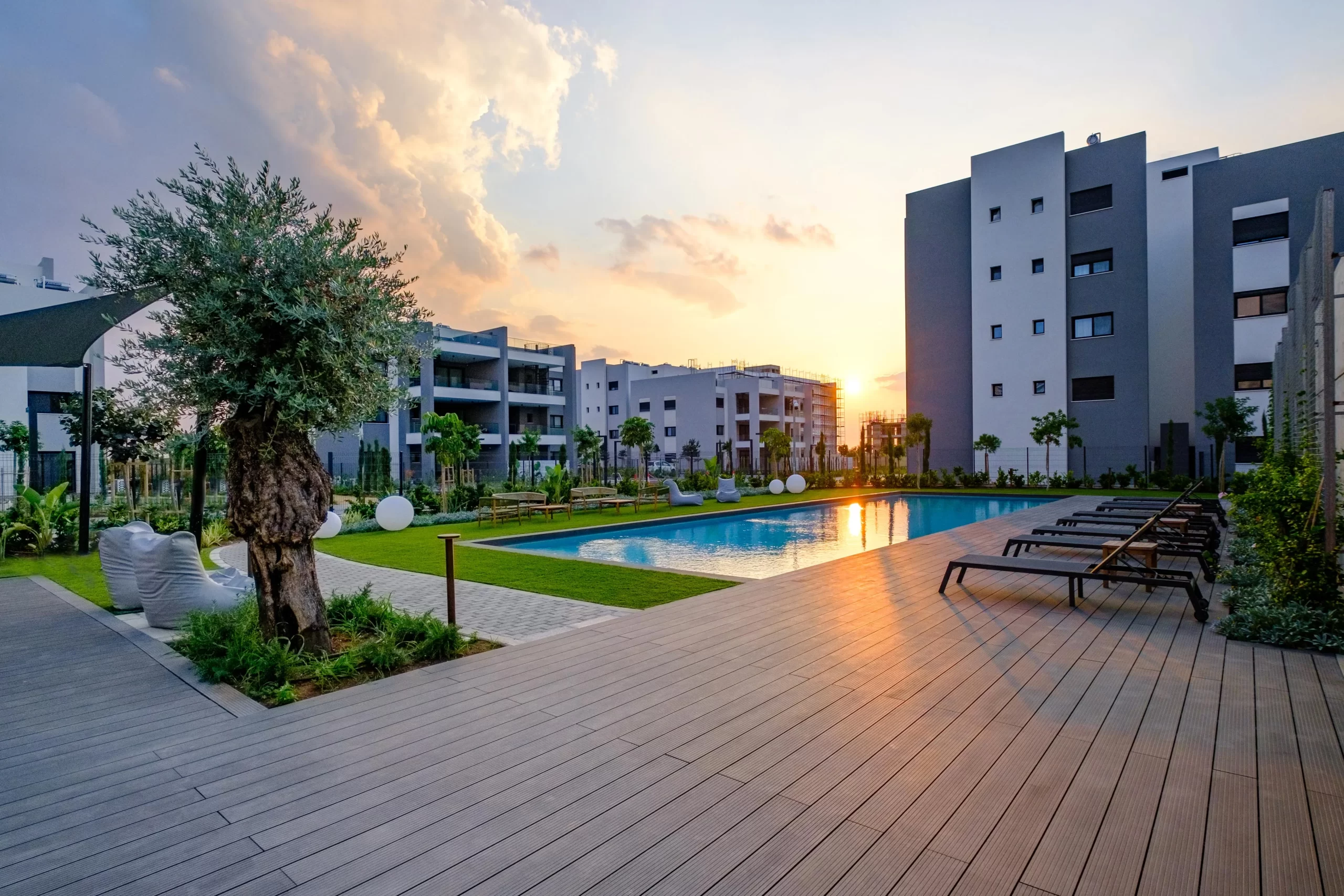 Sunset Gardens pool and blocks during sunset